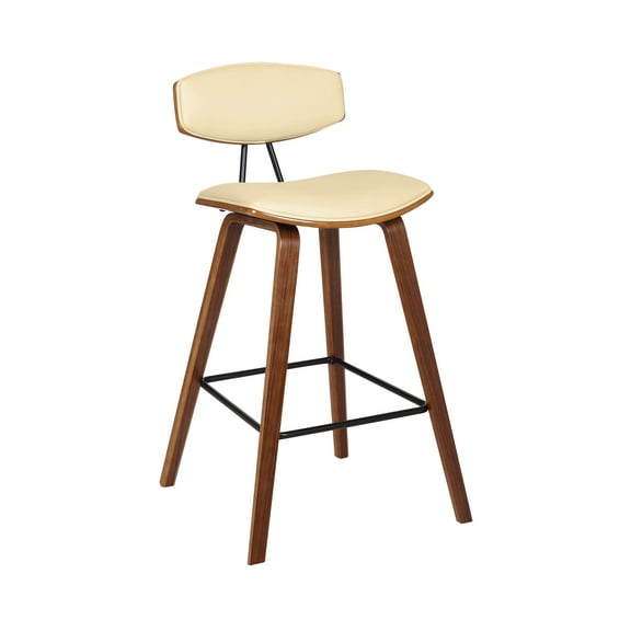 Armen Living Fox 25.5" Seat Height Cream Faux Leather and Walnut Wood Mid-Century Modern Bar Stool