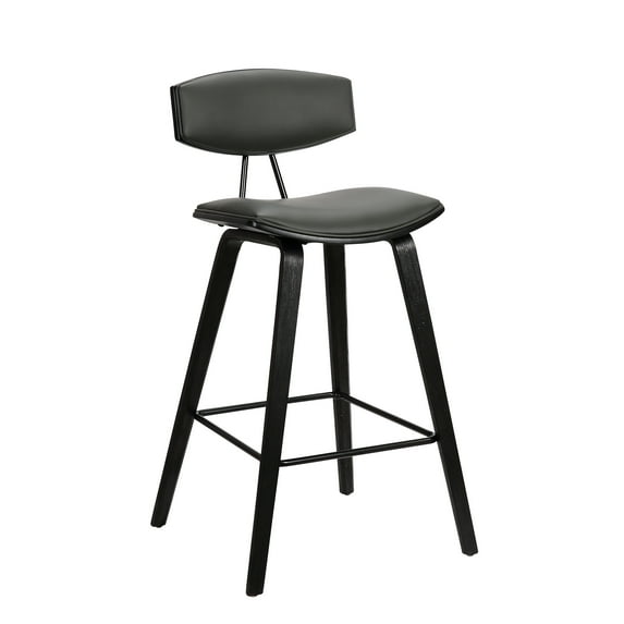 Armen Living Fox 25.5" Seat Height Gray Faux Leather and Black Wood Mid-Century Modern Bar Stool