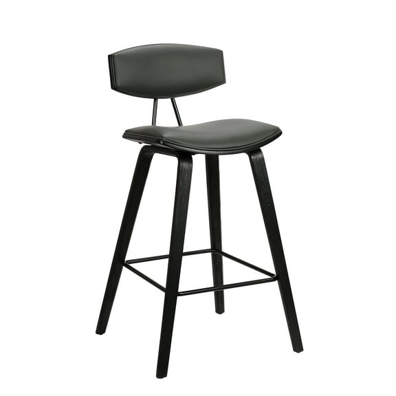 Armen Living Fox 28.5" Seat Height Gray Faux Leather and Black Wood Mid-Century Modern Bar Stool