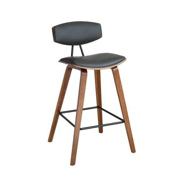 Armen Living Fox 28.5" Seat Height Gray Faux Leather and Walnut Wood Mid-Century Modern Bar Stool