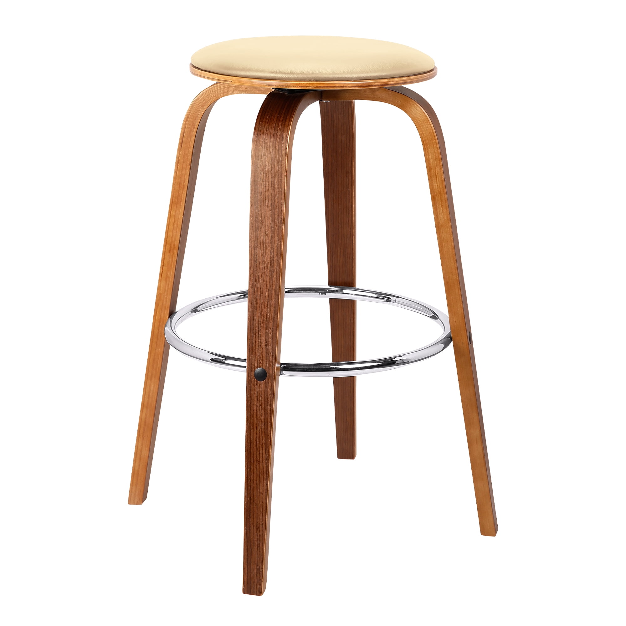 Cream and Walnut Swivel Backless Mid-Century Modern Bar Stool