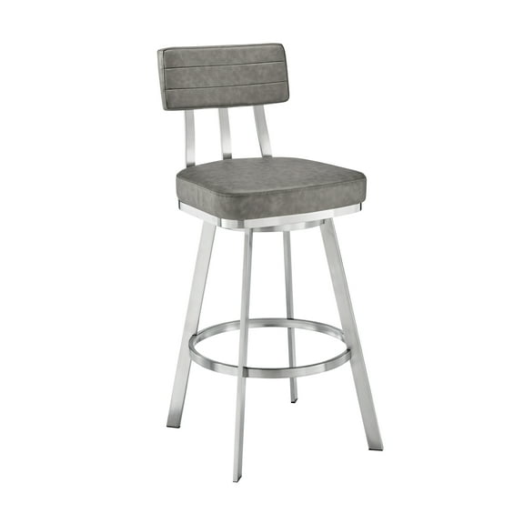 Armen Living Indoor Jinab Swivel Bar Stool in Brushed Stainless Steel with Black Faux Leather