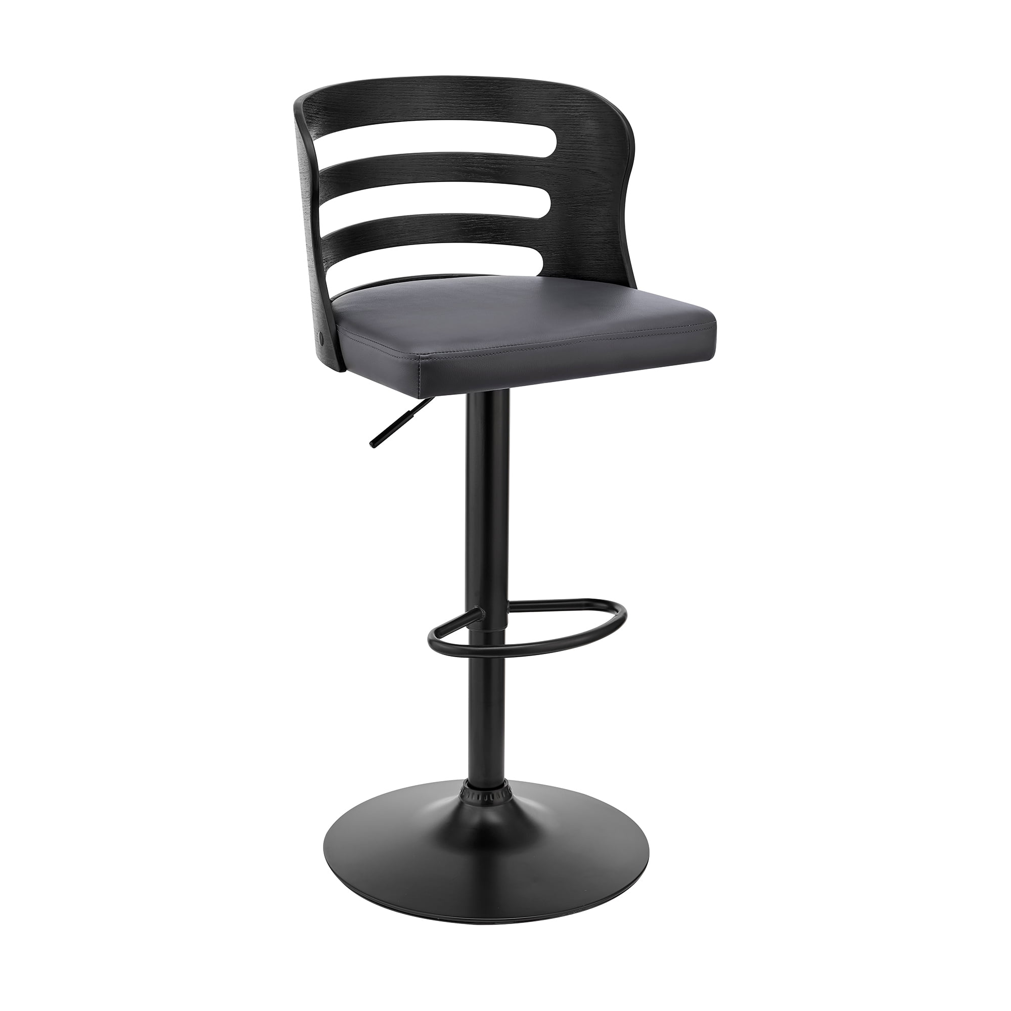 Adjustable Gray Faux Leather and Black Wood Swivel Bar Stool