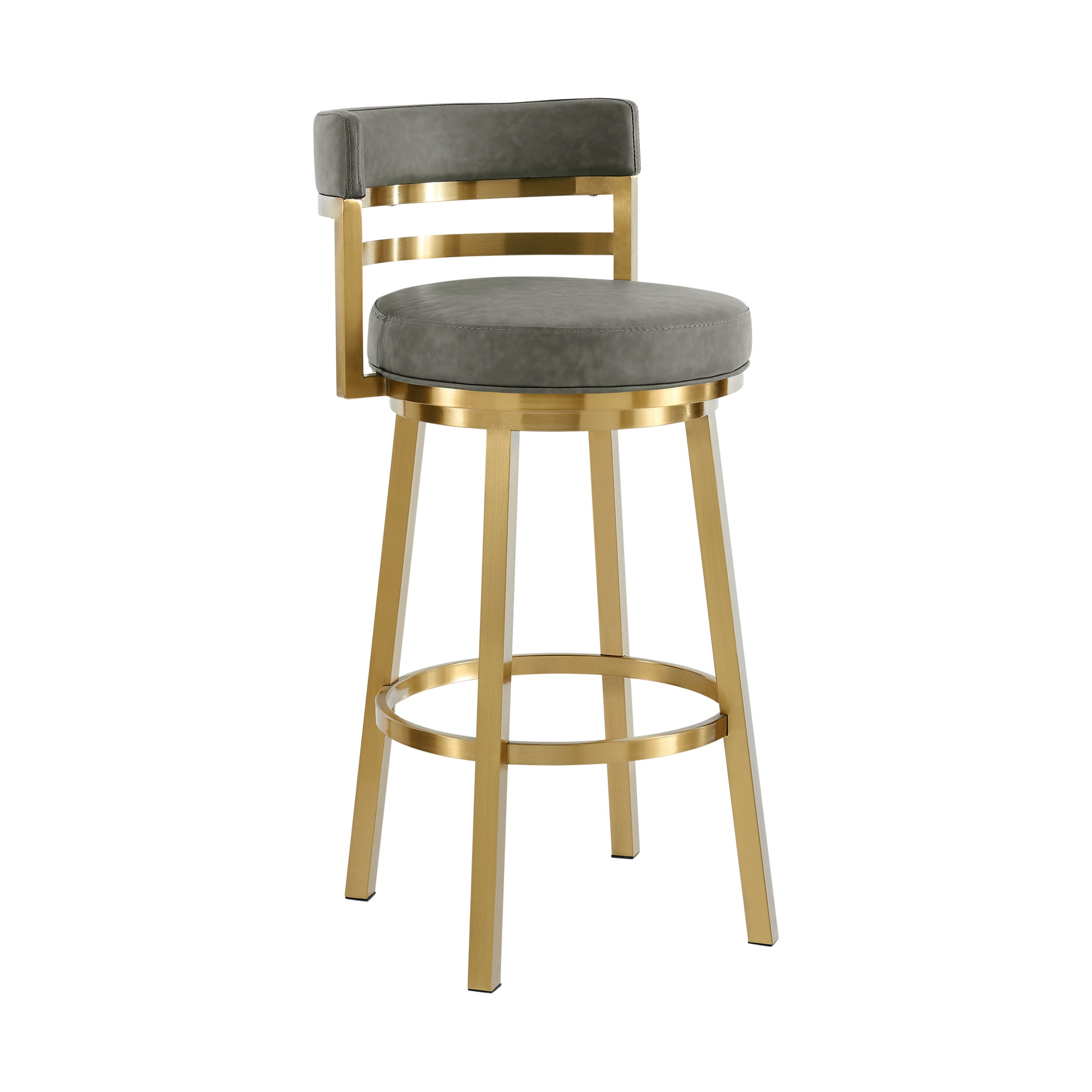 Madrid 26" Seat Height Swivel Bar Stool with Gold Brushed Stainless Steel and Vintage Gray Faux ...