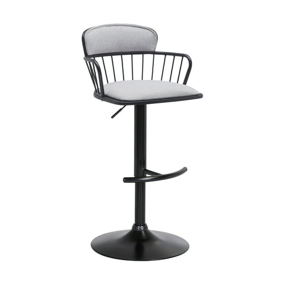 Armen Living Indoor Nash Adjustable Black Wood Bar Stool in Gray Faux Leather with Black Metal