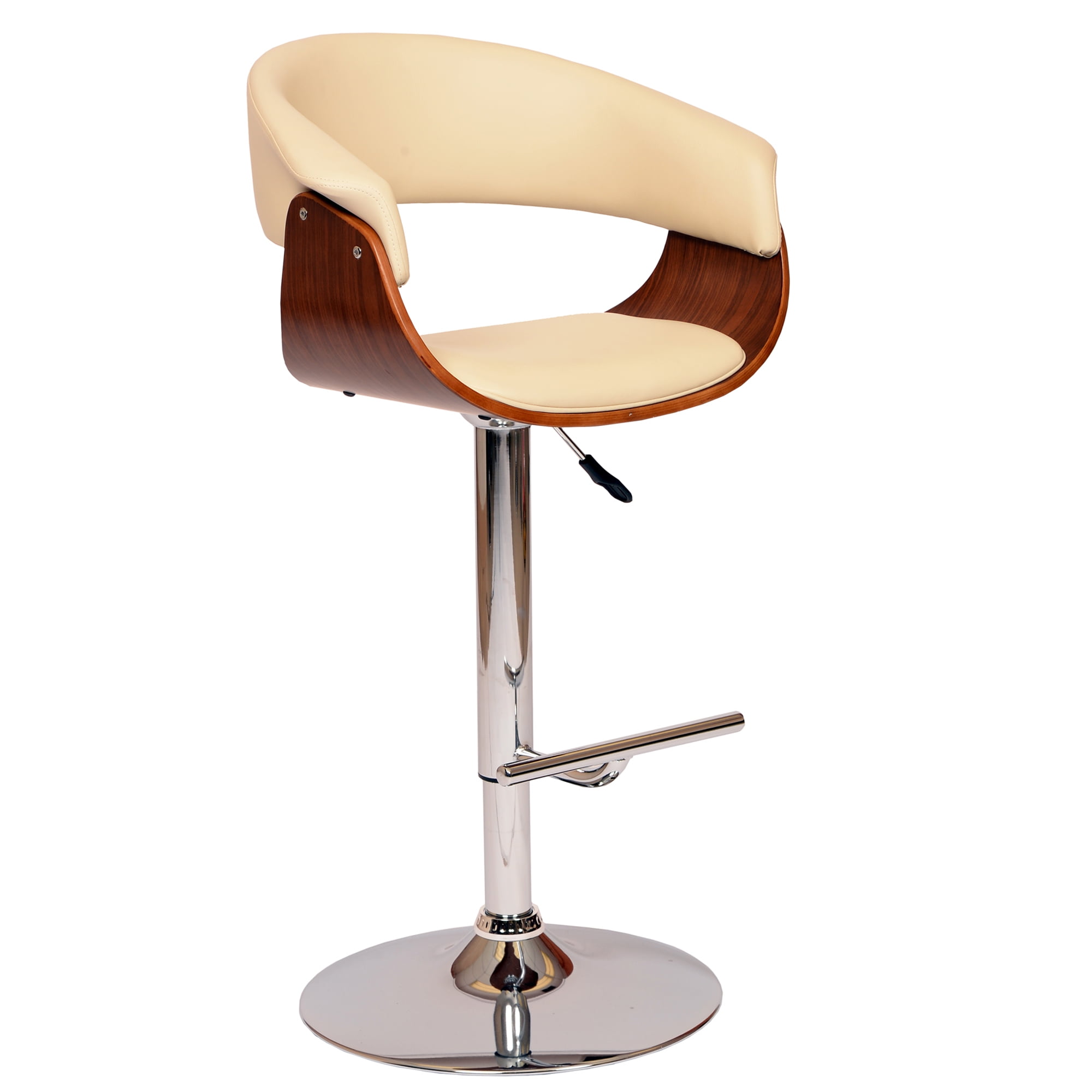 Cream Faux Leather Adjustable Swivel Barstool with Walnut Wood