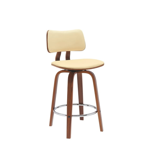 Armen Living Indoor Pico 26" Swivel Walnut Wood Counter Stool in Cream Faux Leather with Chrome