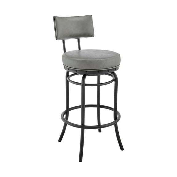 Armen Living Indoor Rees Swivel Counter or Bar Stool in Black Finish with Gray Faux Leather