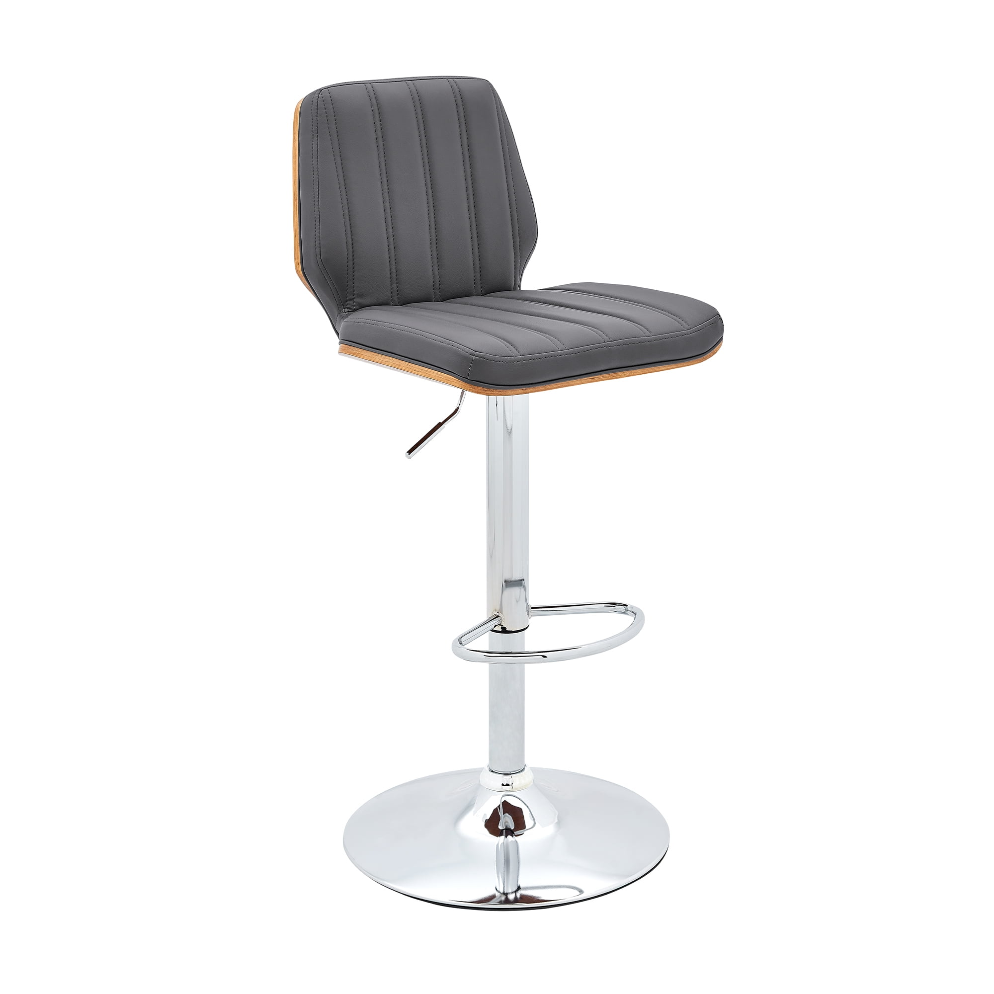 Gray Adjustable Swivel Bar Stool with Chrome and Walnut Accents