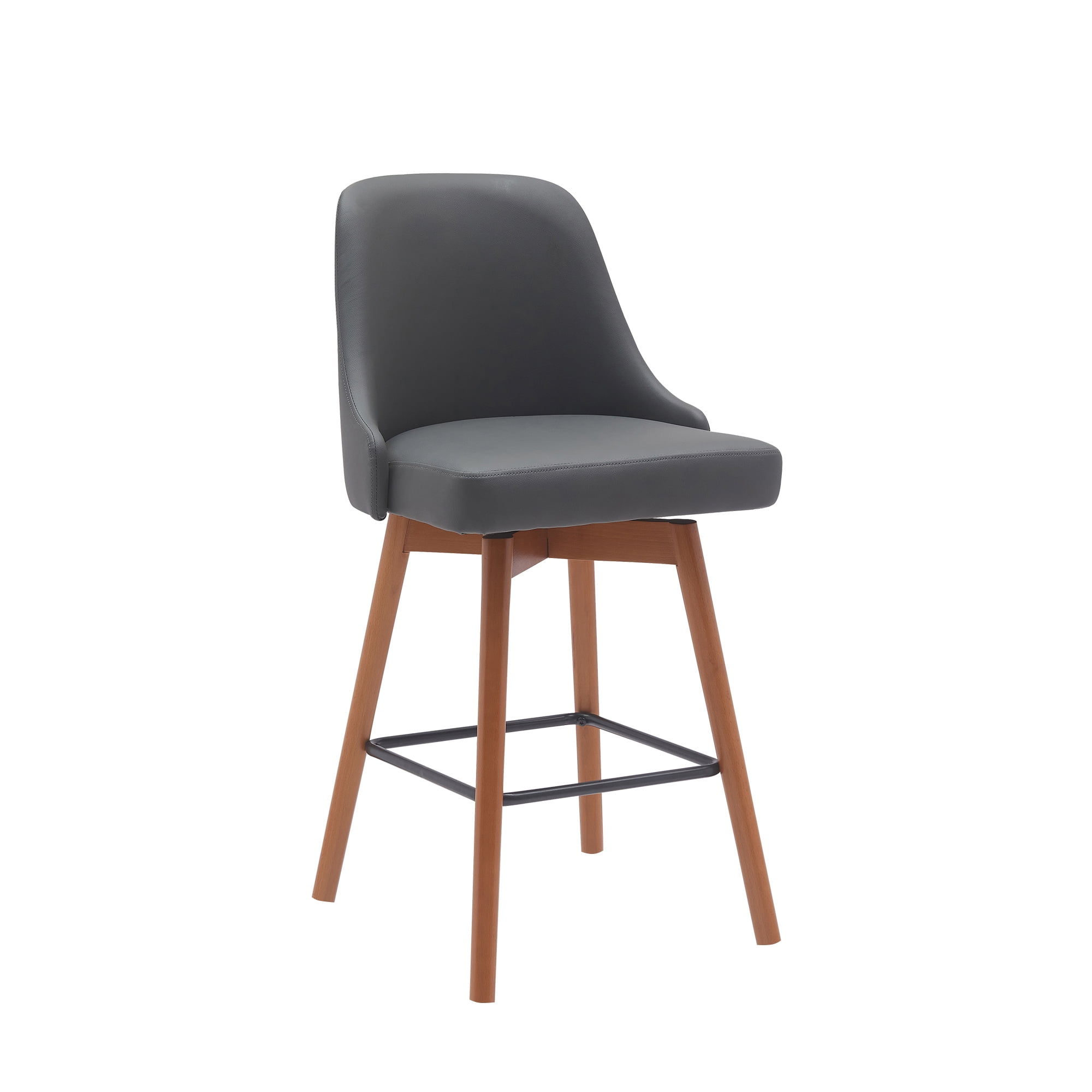Gray Faux Leather Swivel Counter Stool with Walnut Wood Legs
