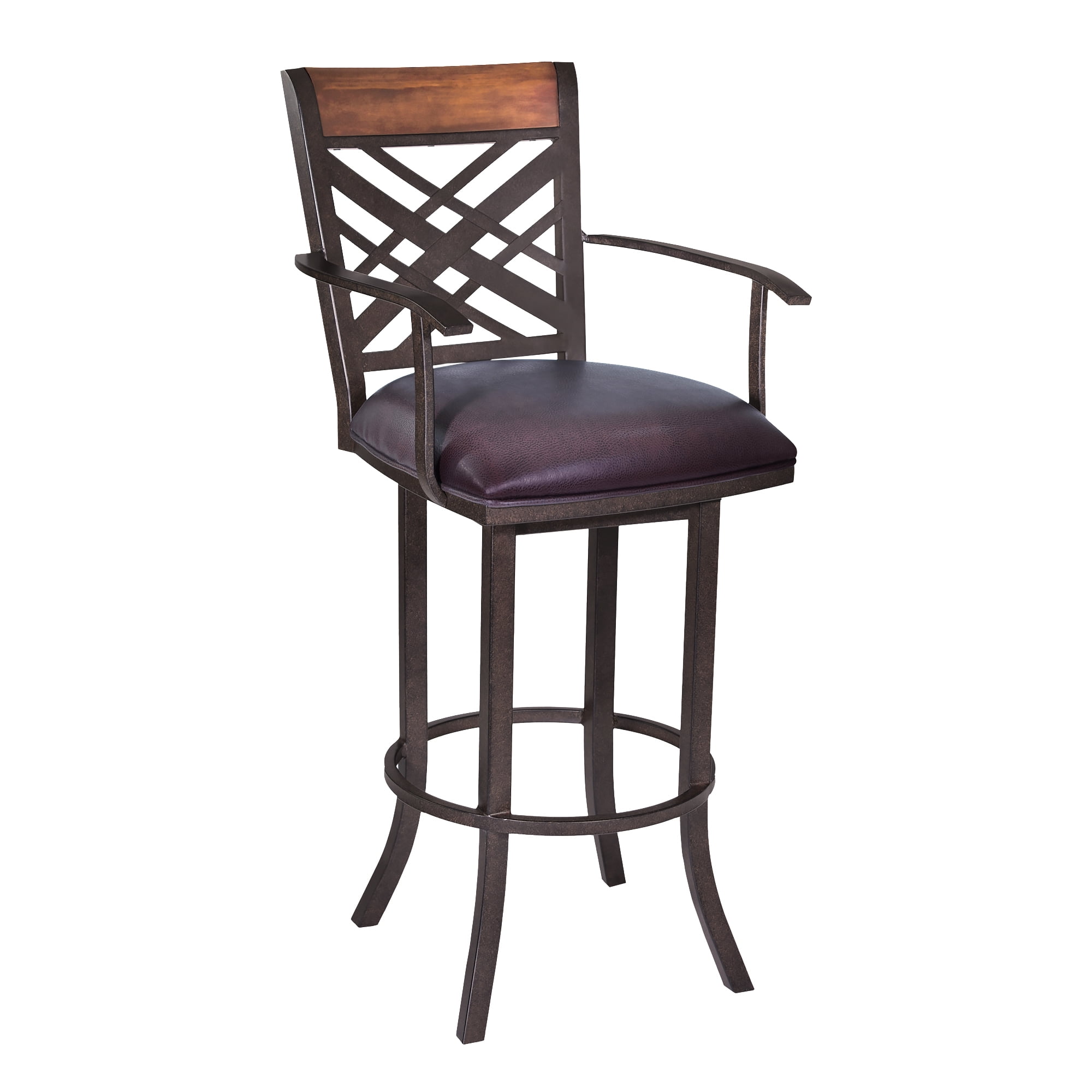 Brown Metal and Leather Swivel Counter Stool with Armrests