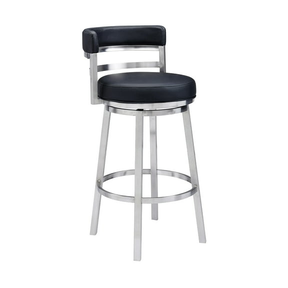 Titana 30" Bar Height Swivel Black Faux Leather and Brushed Stainless Steel Bar Stool for Kitchen Island Counter
