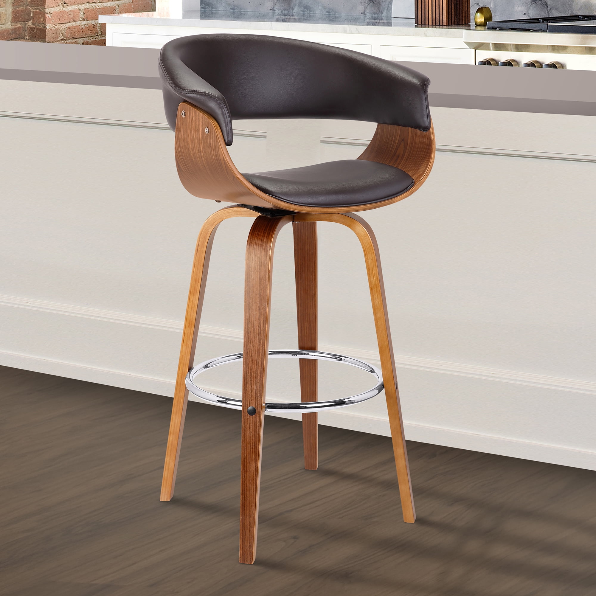 Armen Living Julyssa 26" Mid-Century Swivel Counter Height Barstool in Brown Faux Leather/Walnut Wood