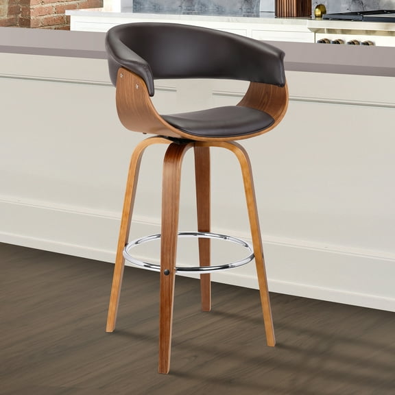 Armen Living Julyssa 26" Mid-Century Swivel Counter Height Barstool in Brown Faux Leather/Walnut Wood