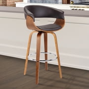 Armen Living Julyssa 30" Mid-Century Swivel Bar Height Barstool in Brown Faux Leather/Walnut Wood