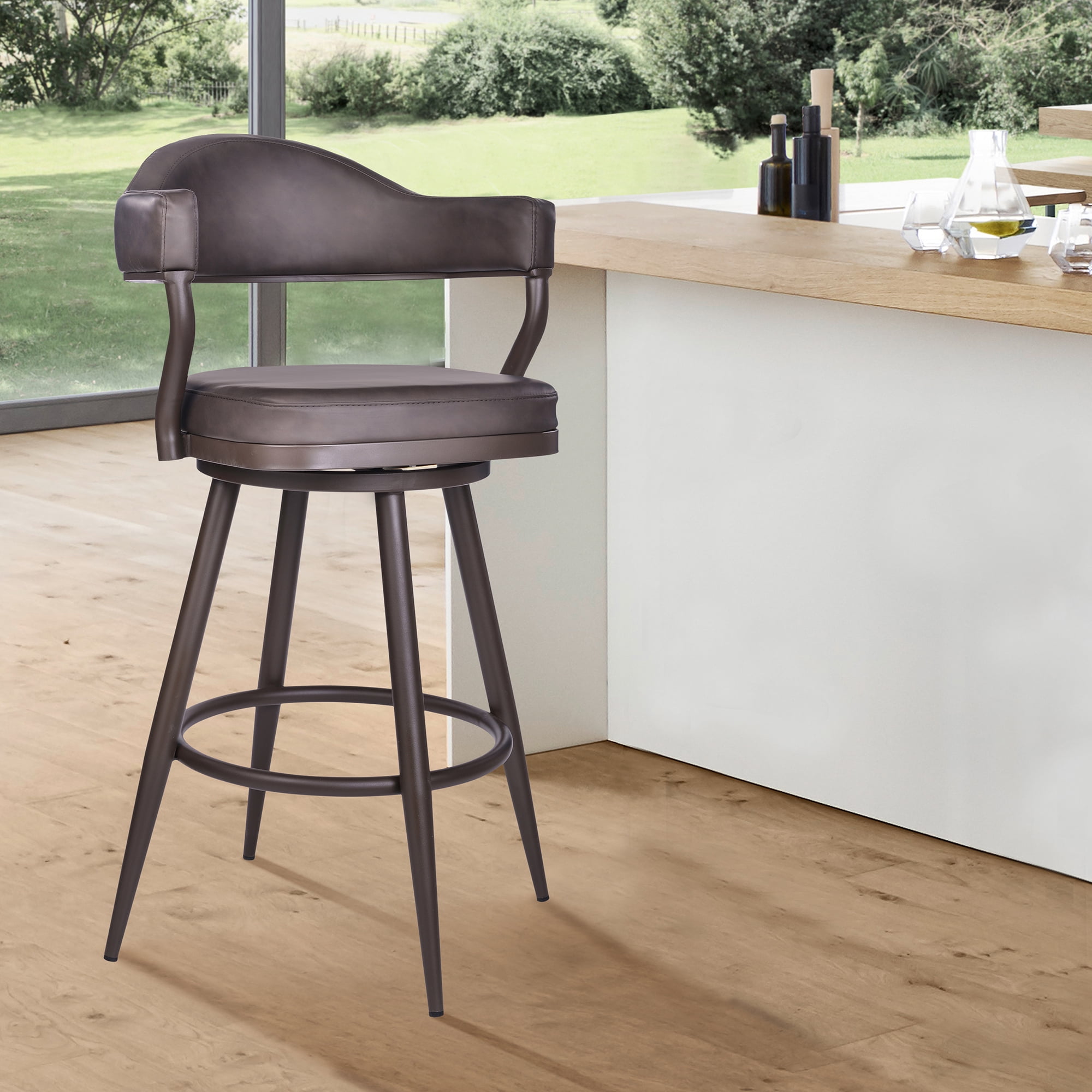Armen Living Justin 26" Counter Height Barstool in Brown Powder Coated Finish/Vintage Brown Faux Leather