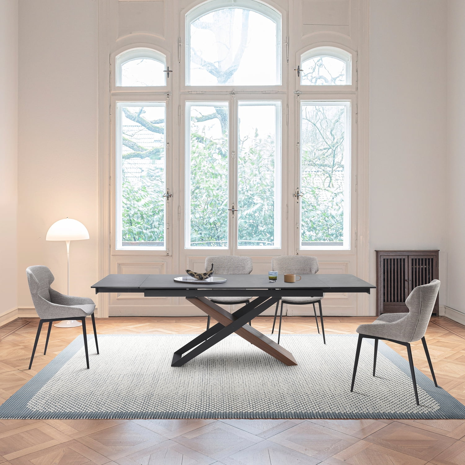 High-Back Matte Black Metal Side Chair with Gray Upholstery