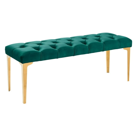 Armen Living Hayley Contemporary Bench in Green Velvet and Gold Stainless Steel Finish