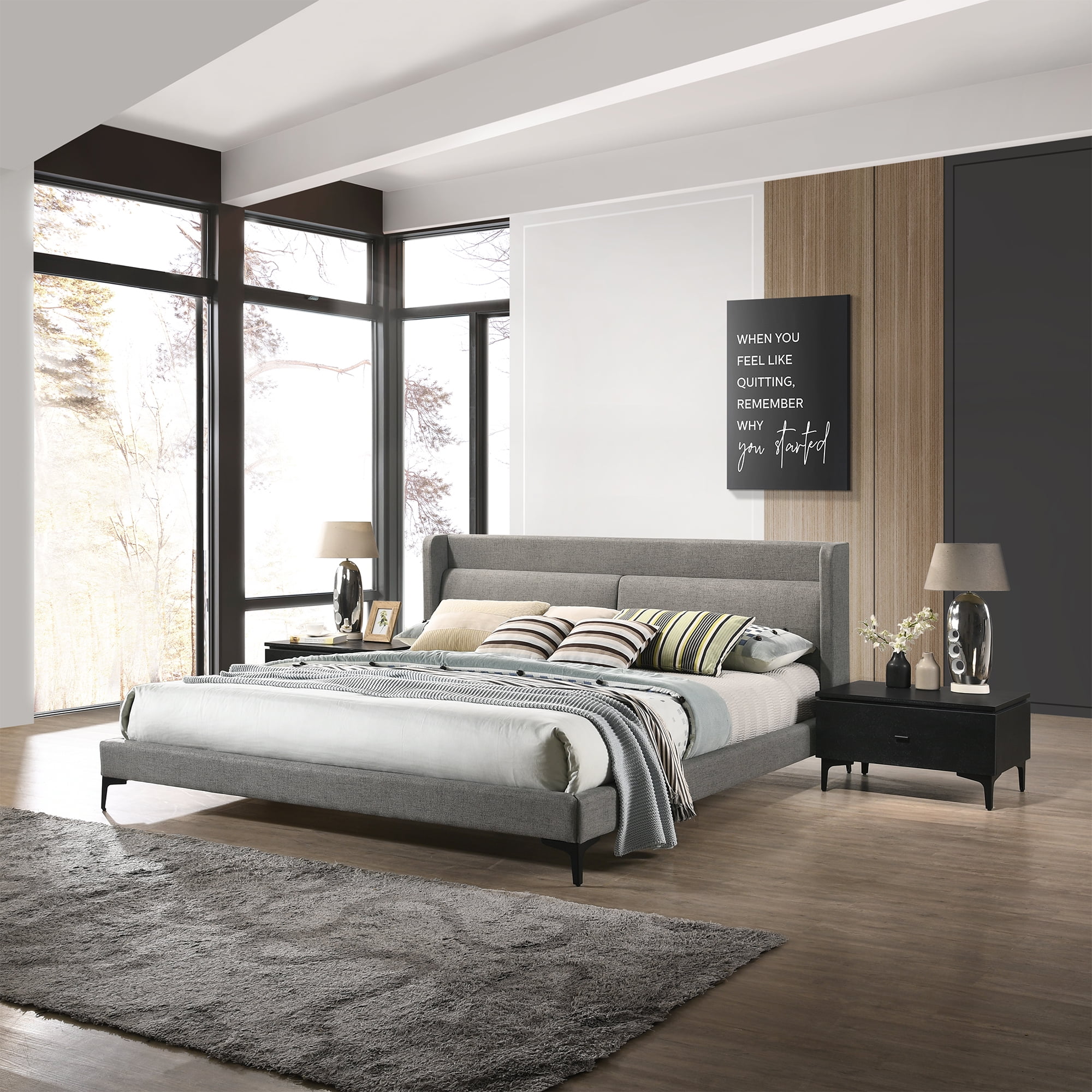 Gray Fabric King Platform Bed with Black Nightstands - 3 Piece Set