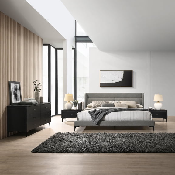 Legend 4 Piece Gray Fabric King Platform Bedroom Set with Dresser and Nightstands