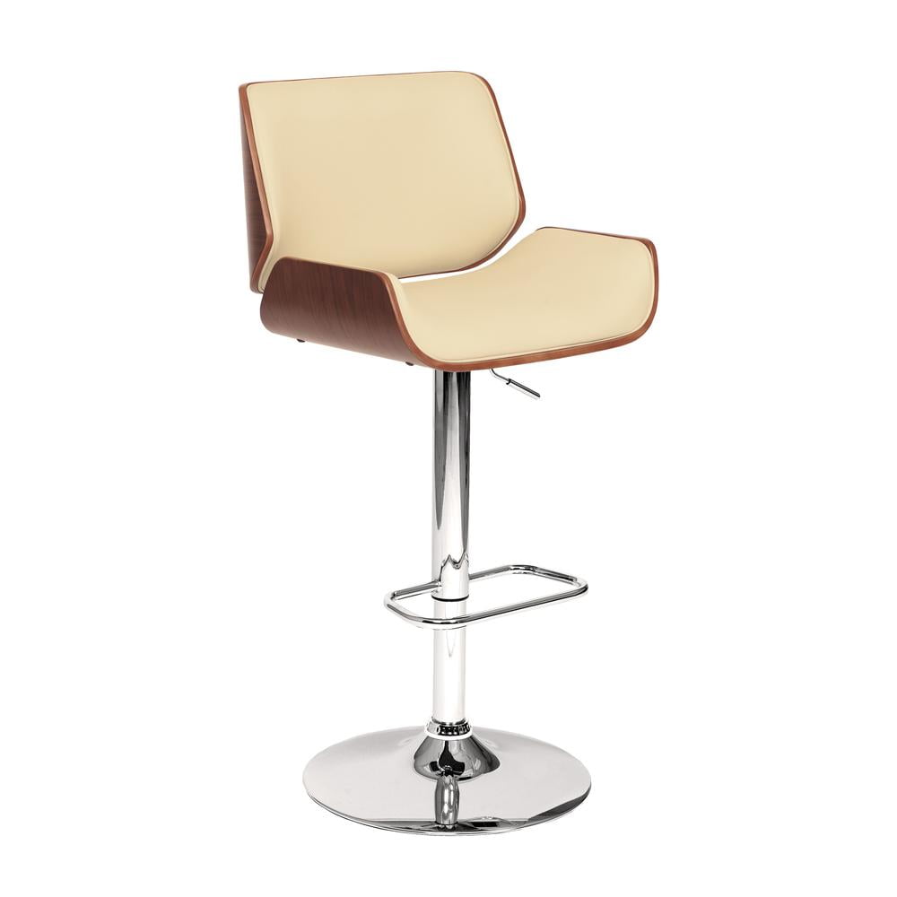 Cream Faux Leather Adjustable Swivel Bar Stool with Walnut and Chrome