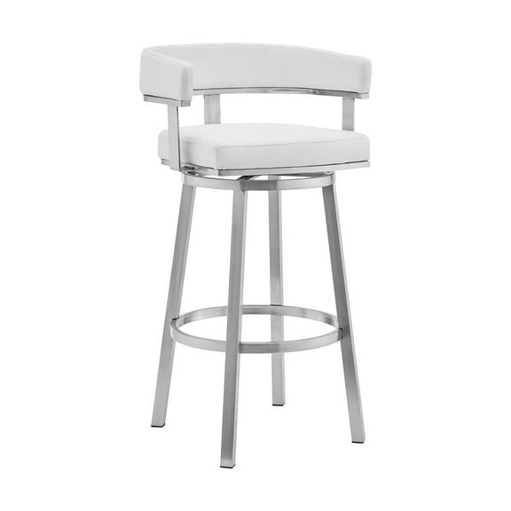 Armen Living Lorin30" White Faux Leather and Brushed Stainless Steel Swivel Bar Stool