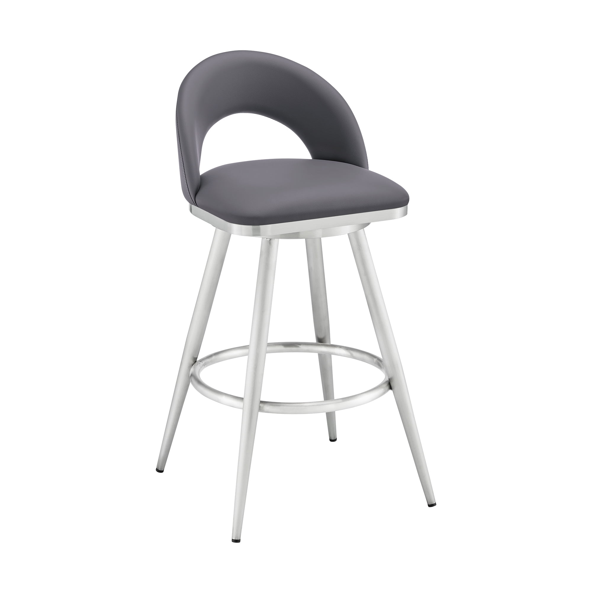 Gray Faux Leather Swivel Bar Stool with Brushed Stainless Steel Frame