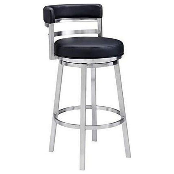 Madrid 26" Counter Height Swivel Black Faux Leather and Brushed Stainless Steel Bar Stool