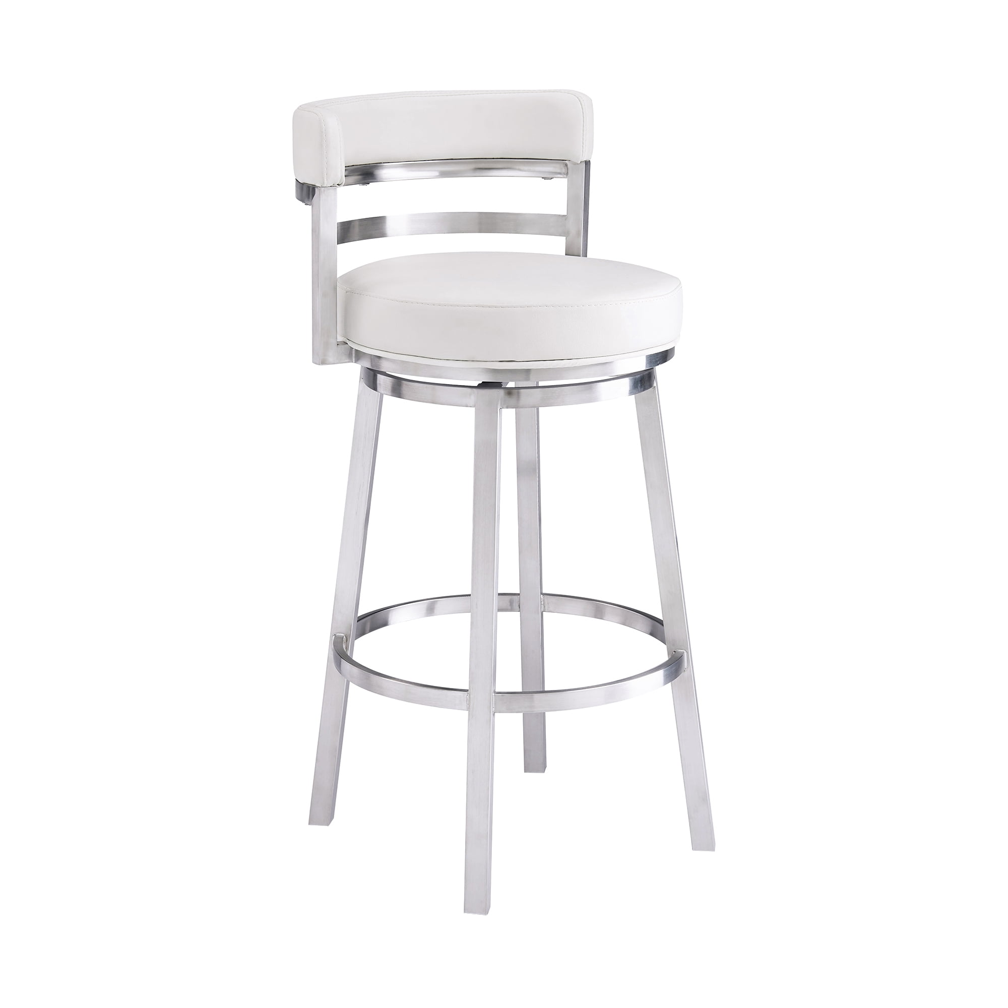 Armen Living Madrid 26" Seat Height Swivel White Faux Leather and Brushed Stainless Steel Bar Stool for Kitchen Island Counter, Set of 2