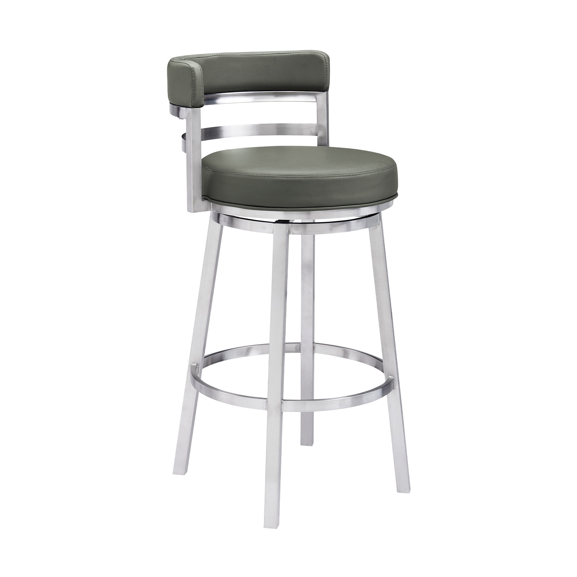 Armen Living Madrid 30" Bar Height Swivel Modern Grey Faux Leather and Brushed Stainless Steel Bar Stool for Kitchen Island Counter, Set of 2