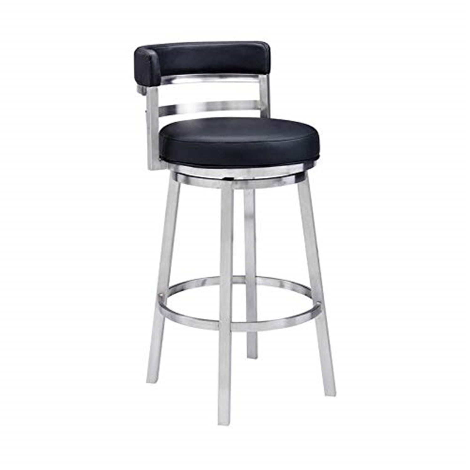 Madrid Bar Stool 30" Seat Height Swivel with Brushed Stainless Steel and Black Faux Leather