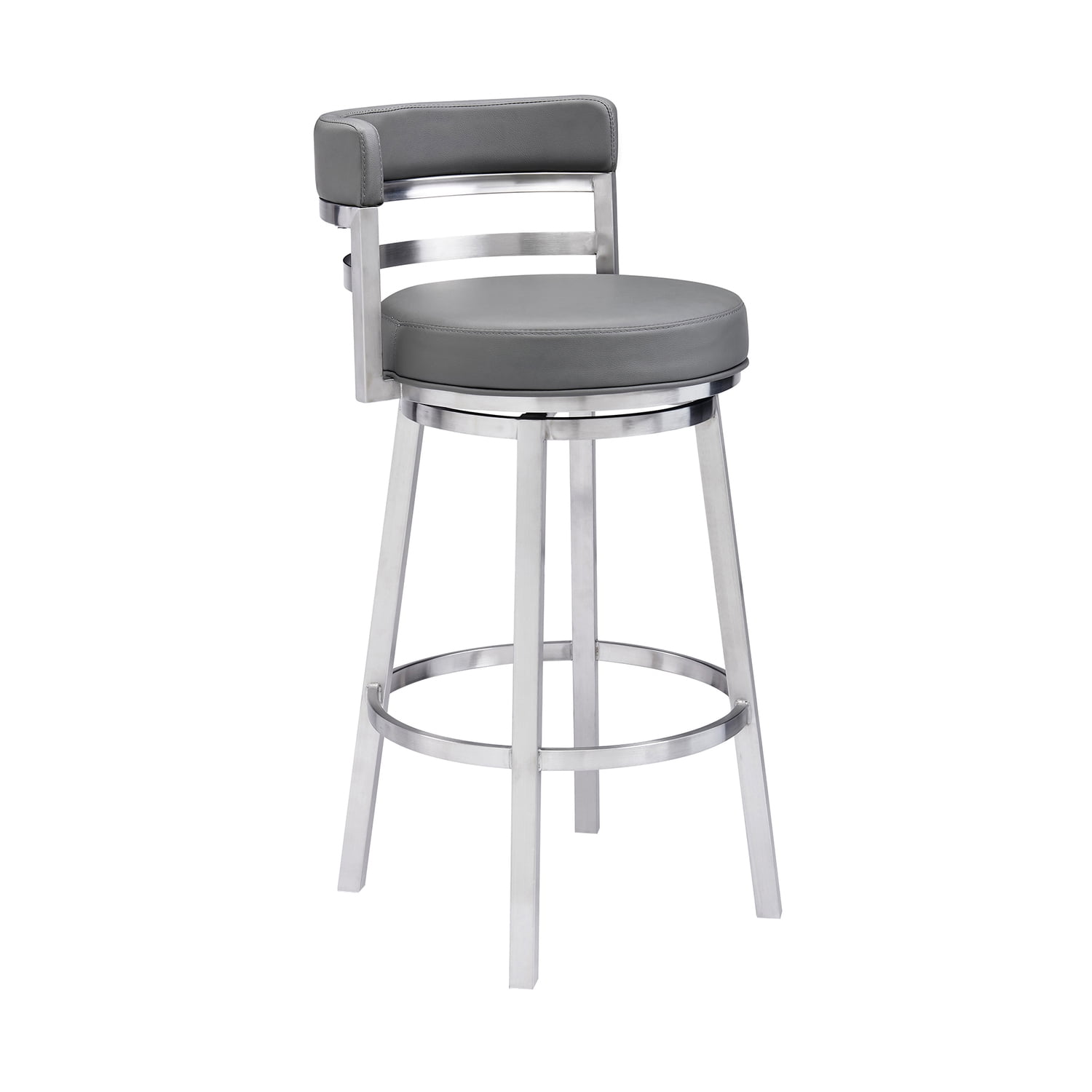 Madrid 30" Bar Height Swivel Gray Faux Leather and Brushed Stainless Steel Bar Stool