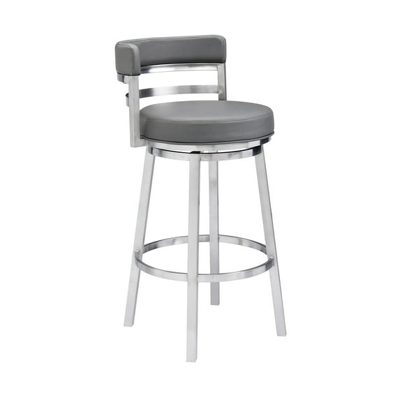 Madrid Bar Stool 30" Seat Height Swivel with Brushed Stainless Steel and Gray Faux Leather