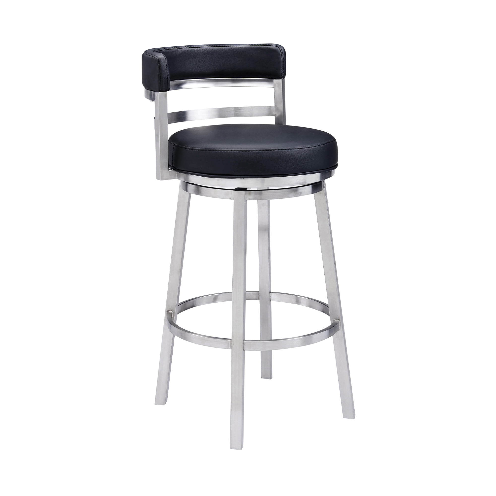 Armen Living Madrid 30" Seat Height Swivel Modern Black Faux Leather and Brushed Stainless Steel Bar Stool for Kitchen Island Counter, Set of 2