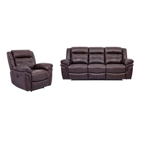 Armen Living Marcel Manual Reclining 2 Piece Sofa and Recliner Set in Dark Brown Leather
