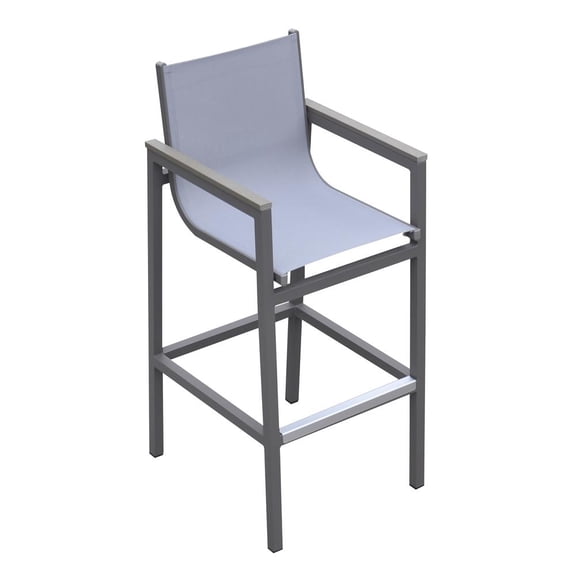 Armen Living Marina Outdoor Patio Barstool inGrey Powder Coated Finish with GreySling Textilene and Grey Wood Accent Arms
