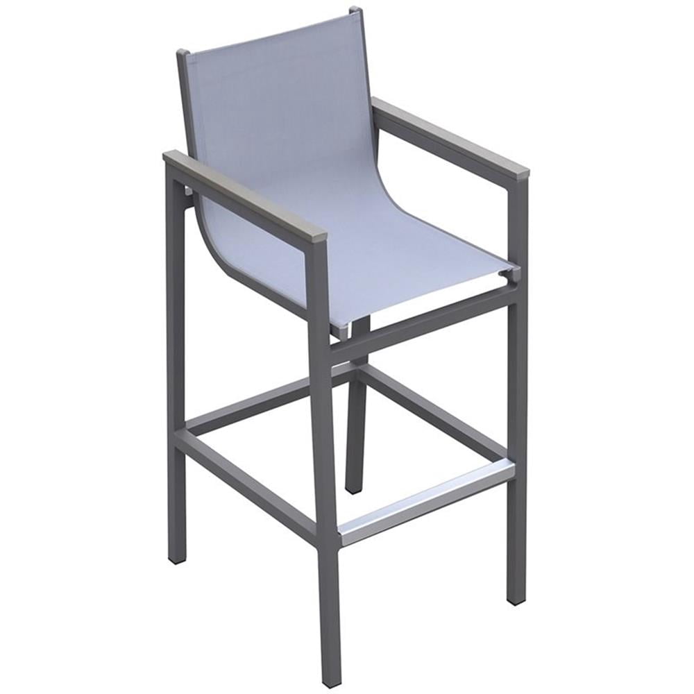 Armen Living Marina Outdoor Patio Barstool in&nbsp;Grey Powder Coated Finish with Grey&nbsp;Sling Textilene and Grey Wood Accent Arms