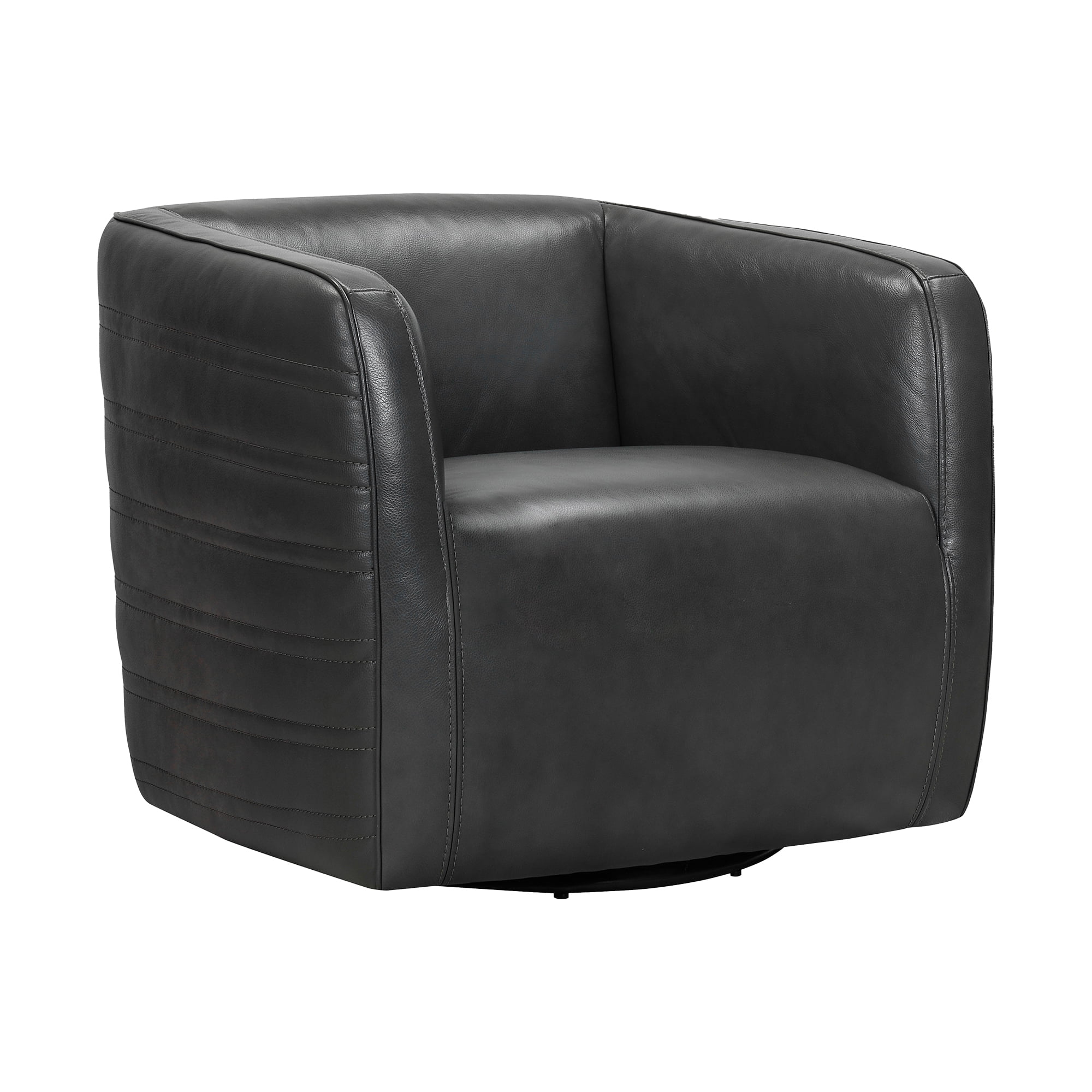 Pewter Leather Swivel Barrel Accent Chair with Wood Frame