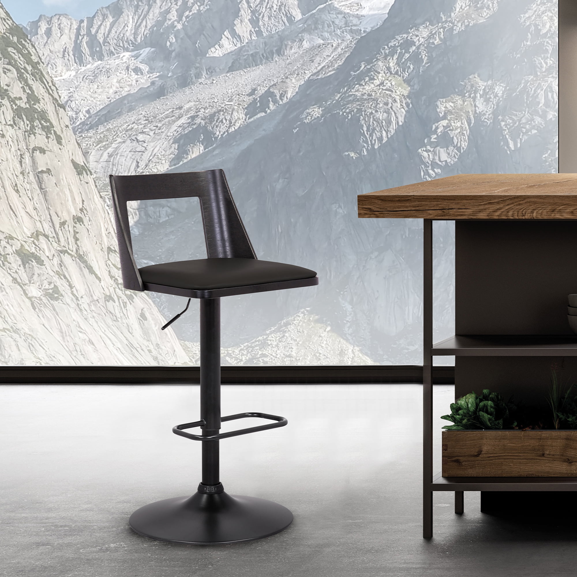 Adjustable Swivel Black Faux Leather and Walnut Wood Barstool