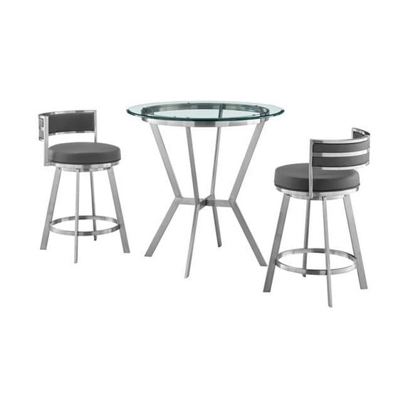 Armen Living Naomi and Roman Counter Height Dining Set in Grey Faux Leather Brushed Stainless Steel & Gray 3-Piece Sets 3-Piece 2