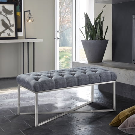 Armen Living Noel Contemporary Bench in Slate Grey Linen and Brushed Stainless Steel Finish