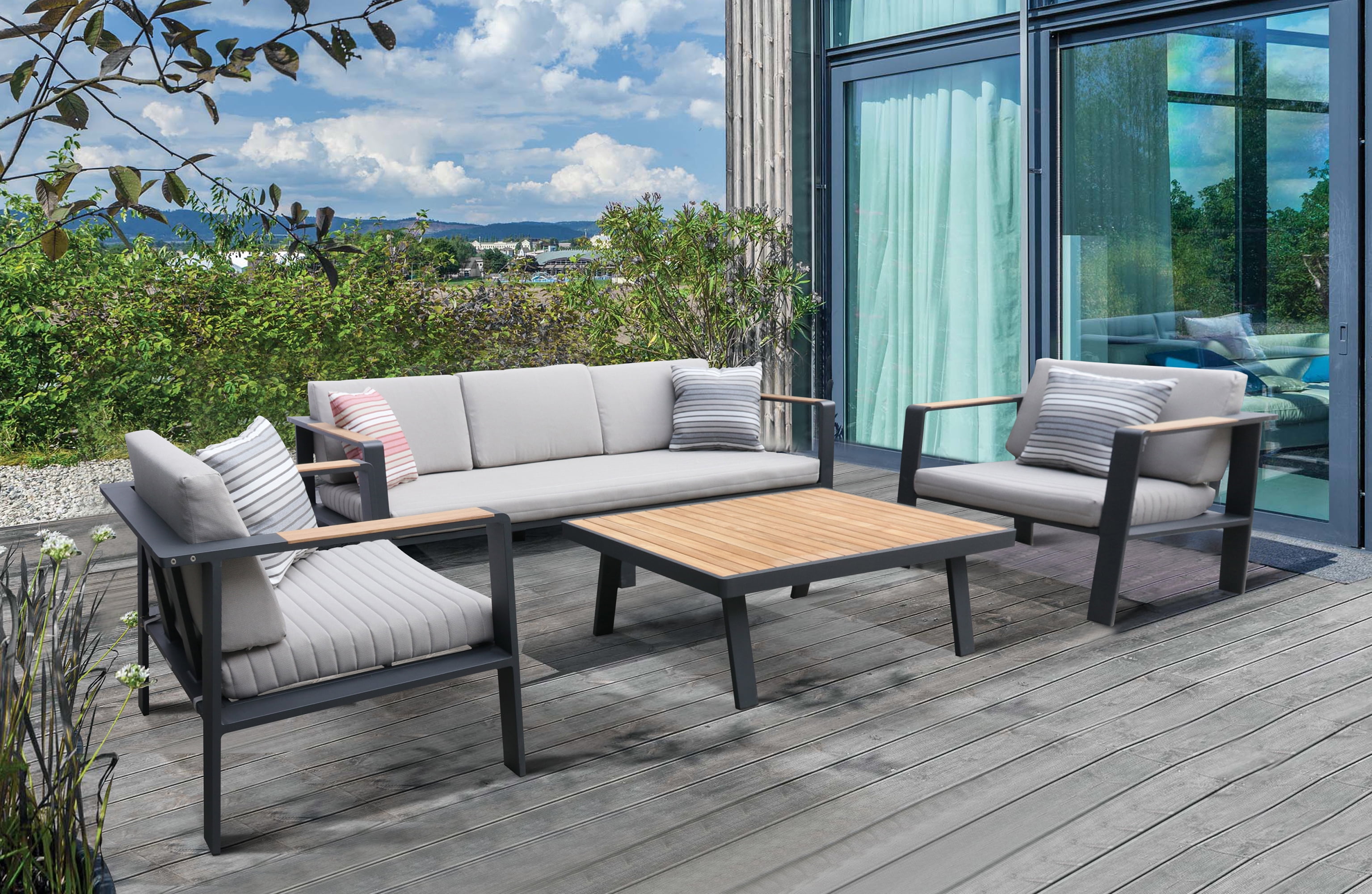 Gray and Taupe 5-Person Teak Wood Outdoor Patio Set