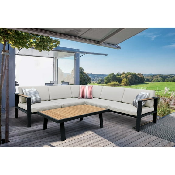 Armen Living Nofi Outdoor Patio Sectional Set in Gray Finish with Taupe Cushions and Teak Wood