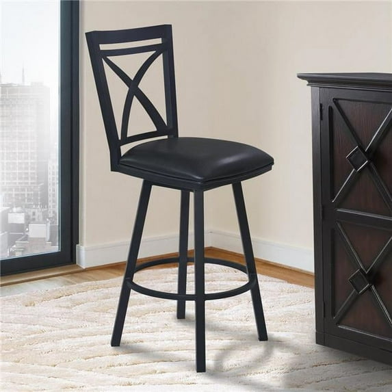 Armen Living Nova 30" Bar Height Metal Swivel Barstool in Ford Black Pu and Black Finish