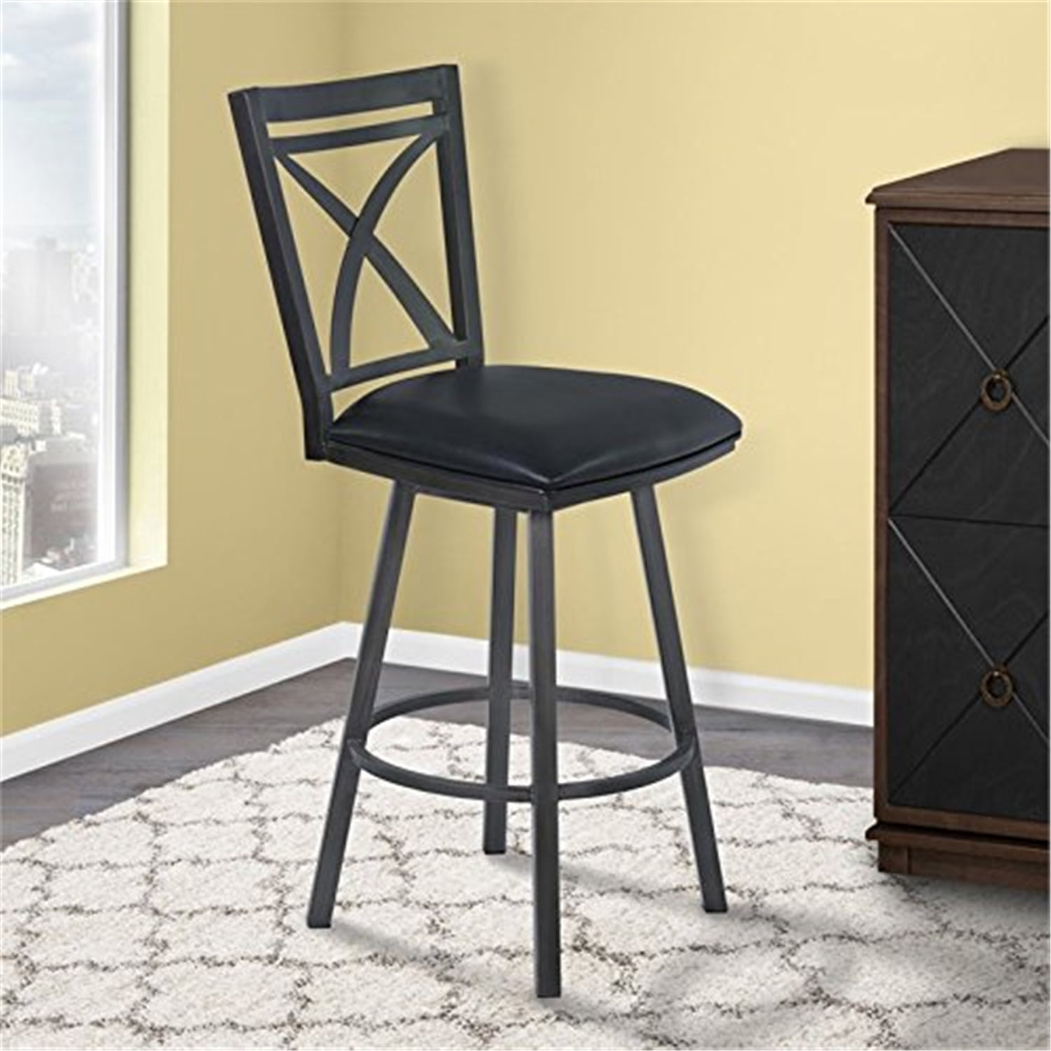 Transitional Swivel Barstool 30" Black Leather with Metal Cross Back