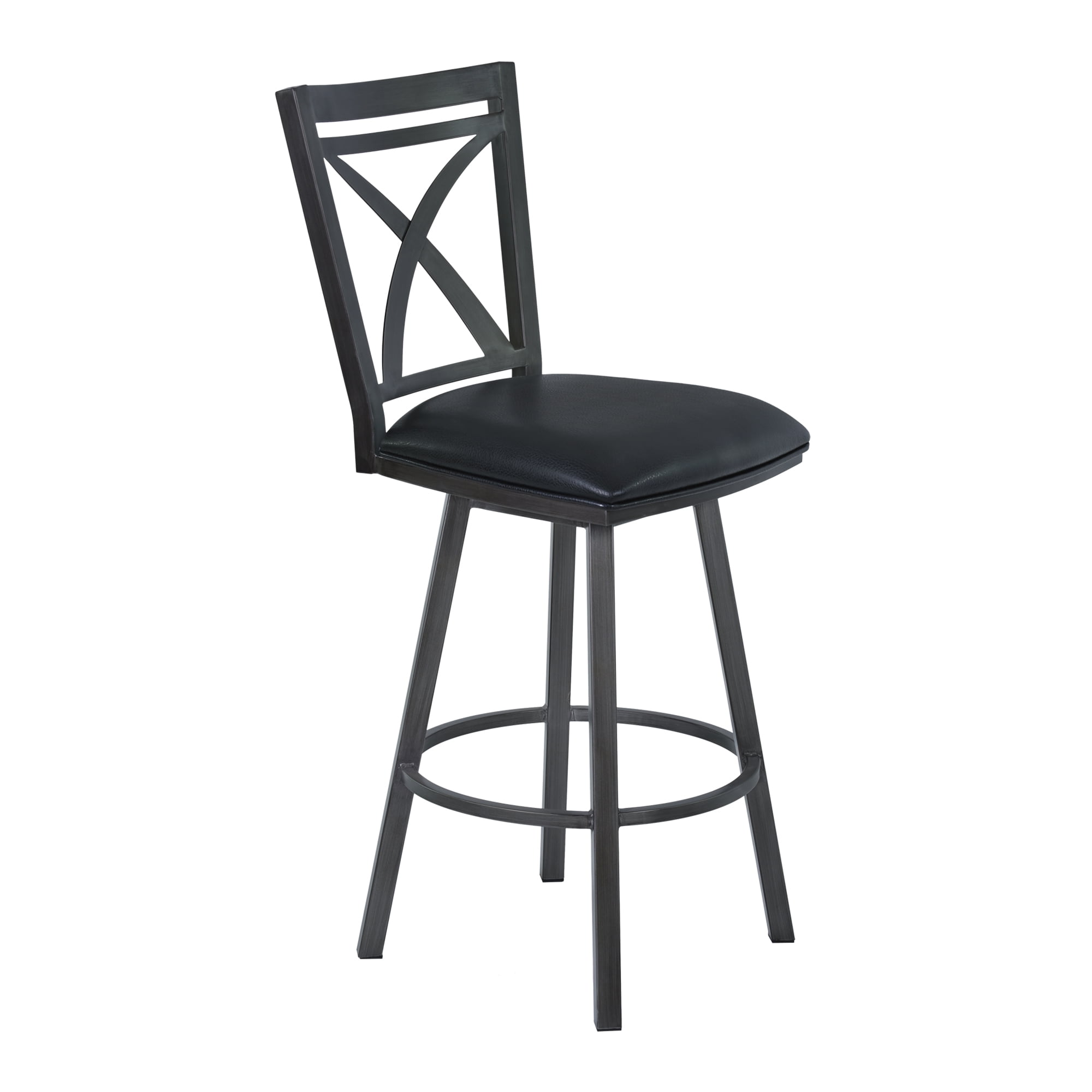 Transitional Swivel Barstool 30" Black Leather with Metal Cross Back