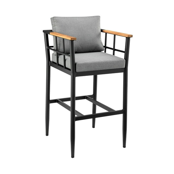 Armen Living Orlando Outdoor Patio Bar Stool in Aluminum and Teak with Grey Cushions