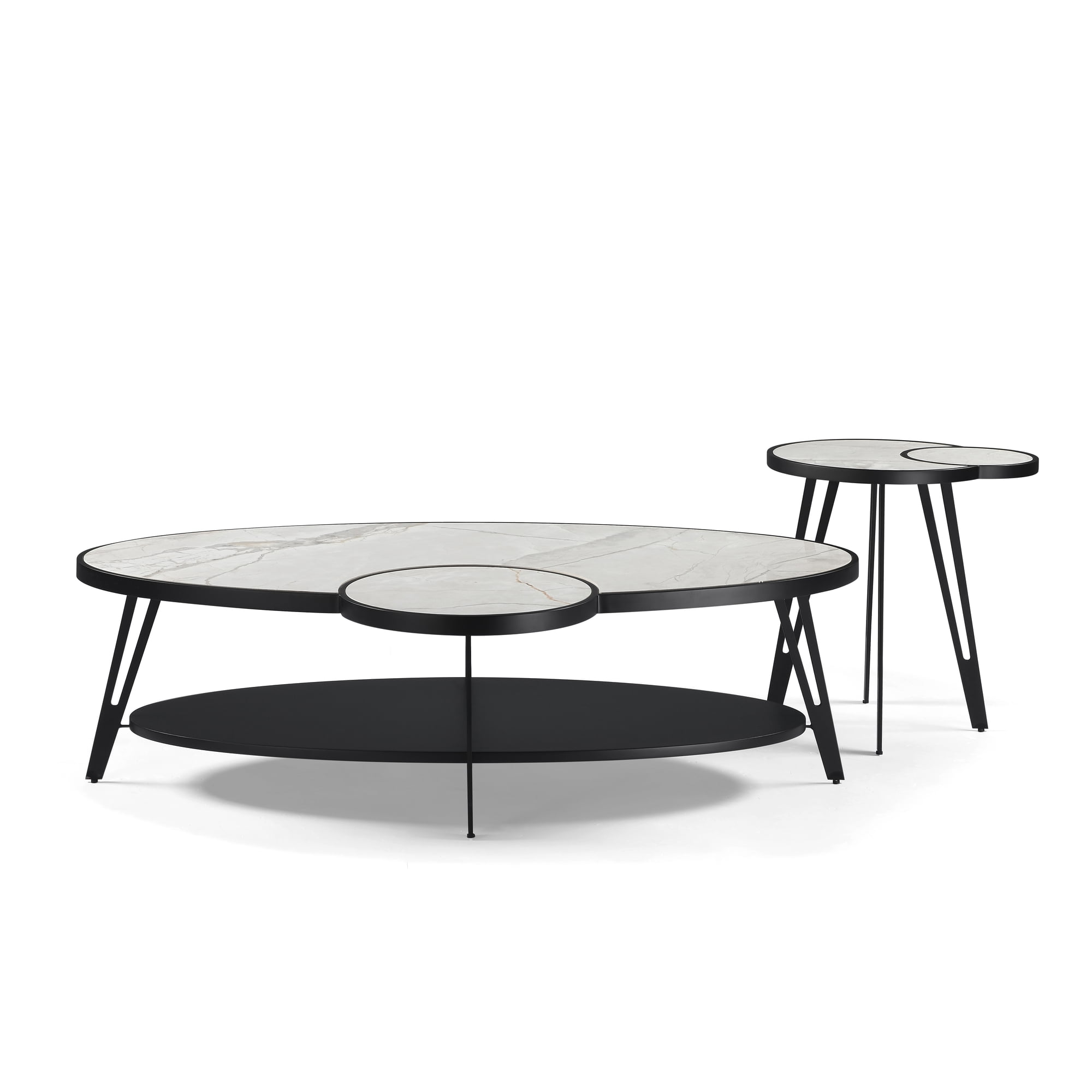 Banks Contemporary Modern Oval White Coffee Table Set with Sintered Stone Top - Set of 2