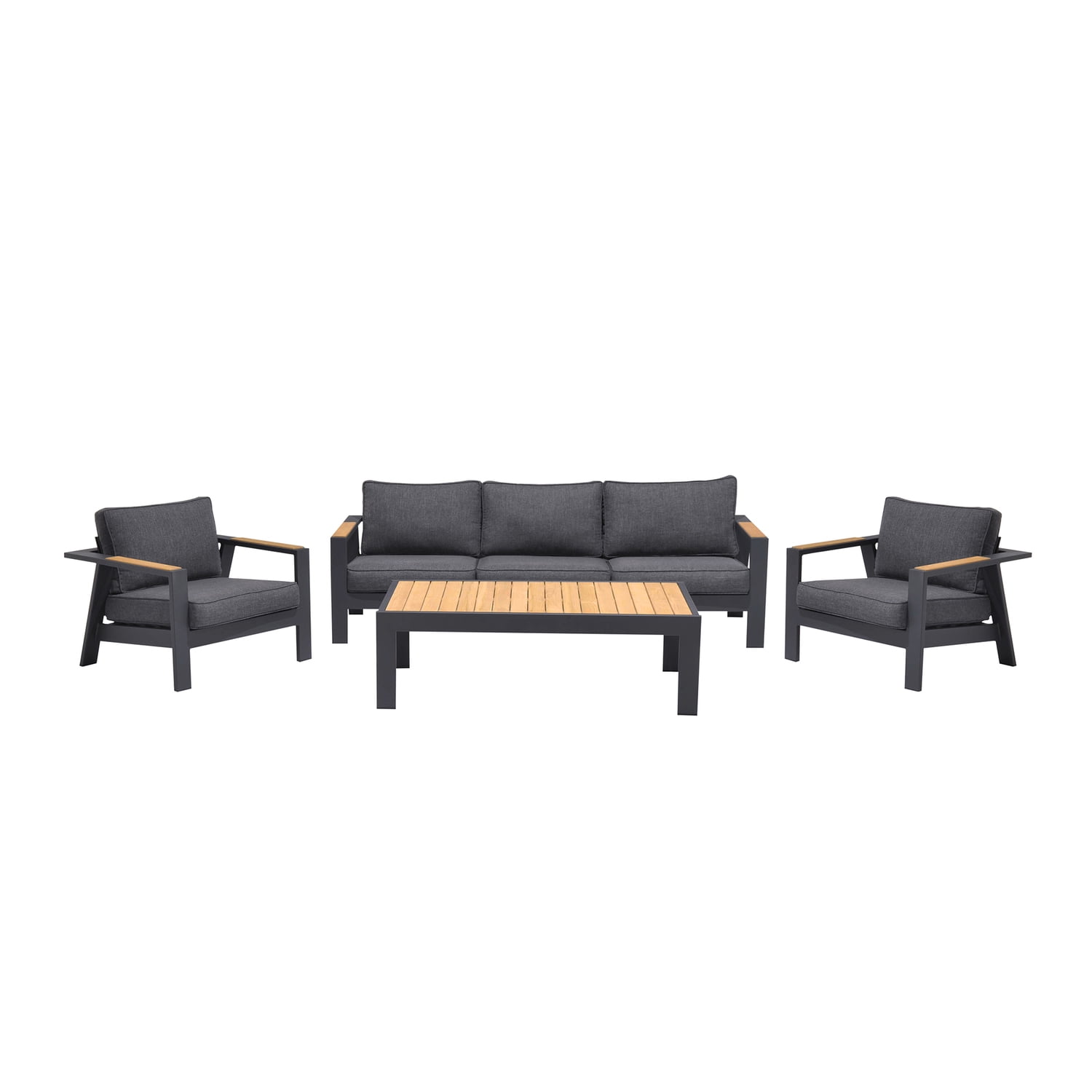 Armen Living Palau 4 Piece Outdoor Sofa Set in Dark Grey with Natural Teak Wood Accent Top