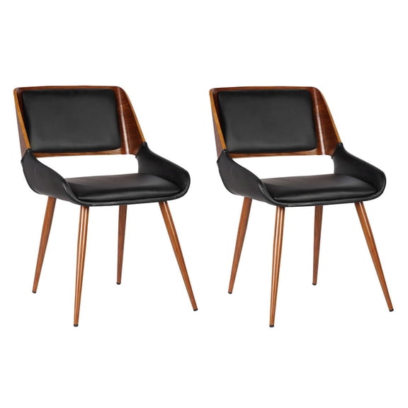Armen Living Panda Mid-Century Dining Chair in Walnut Finish and Black Faux Leather Set Of 2